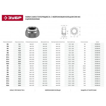 303580-05 | Гайка DIN 985 с нейлоновым кольцом, M5, 5 кг, кл. пр. 6, оцинкованная, ЗУБР МАСТЕР-1