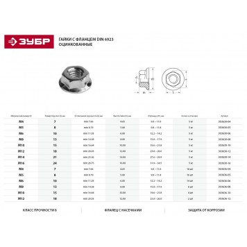 303630-06 | Гайка DIN 6923 с фланцем, M6, 5 кг, кл. пр. 8, оцинкованная, ЗУБР МАСТЕР-1