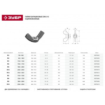 303736-05 | Гайка DIN 315 барашковая, M5, 6 шт, оцинкованная, ЗУБР-1