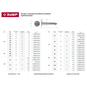 305090-30-030 | Гвозди с большой потайной головкой, оцинкованные, 30 х 3.0 мм, 5 кг, ЗУБР МАСТЕР-1