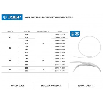30930-46-205 | Кабельные стяжки белые, с плоским замком, 4.6 х 205 мм, 25 шт, нейлоновые, ЗУБР ПРОФЕССИОНАЛ-1