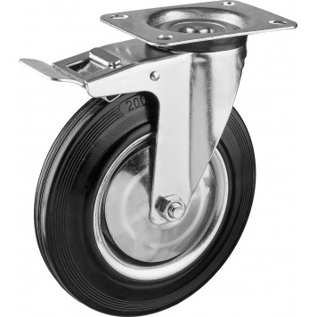 30936-200-B | Колесо поворотное c тормозом d=200 мм, г/п 185 кг, резина/металл, игольчатый подшипник, ЗУБР ПРОФЕССИОНАЛ-0