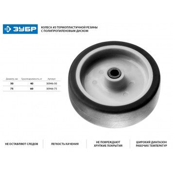 30946-50 | Колесо d=50 мм, г/п 40 кг, термопластич. резина/полипропилен, ЗУБР ПРОФЕССИОНАЛ-1