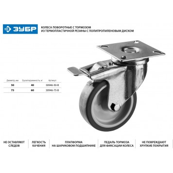 30946-75-B | Колесо поворотное с тормозом d=75 мм, г/п 60 кг, термопластич. резина/полипропилен, ЗУБР ПРОФЕССИОНАЛ-1