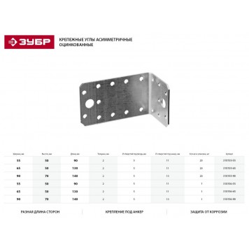 310156-65 | Уголок крепежный асимметричный, 65х50х130 х 2мм, УКА-2.0, ЗУБР МАСТЕР-1
