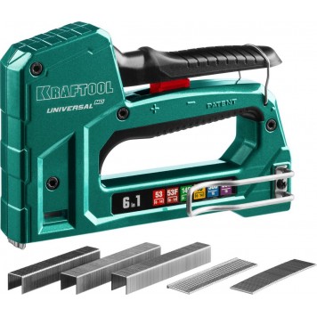 3188 | Степлер для скоб 6-в-1: 53(6-14мм)/53F(8-14мм)/140(8-14мм)/13(6-14мм)/300(16мм)/500(16мм), литой, алюм. корп, скобы в компл, KRAFTOOL UNIVERSAL HD-0
