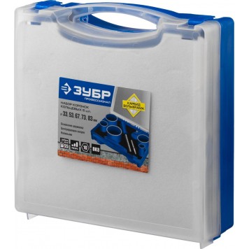 33350-H8_z01 | Набор кольцевых коронок c карбид-вольфрамовым нанесением, 8 предм. в кейсе: коронки d 33, 53, 67, 73, 83 мм, основание, сверло, ЗУБР ПРОФЕССИОНАЛ-1