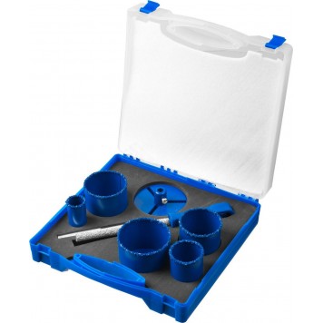 33350-H8_z01 | Набор кольцевых коронок c карбид-вольфрамовым нанесением, 8 предм. в кейсе: коронки d 33, 53, 67, 73, 83 мм, основание, сверло, ЗУБР ПРОФЕССИОНАЛ-2