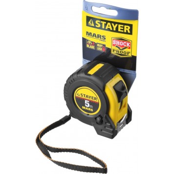 34131-05-25_z01 | 5м / 25мм профессиональная рулетка в ударостойком обрезиненном корпусе с двумя фиксаторами, STAYER MARS-1