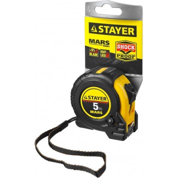 34131-05_z01 | 5м / 19мм профессиональная рулетка в ударостойком обрезиненном корпусе с двумя фиксаторами, STAYER MARS-1