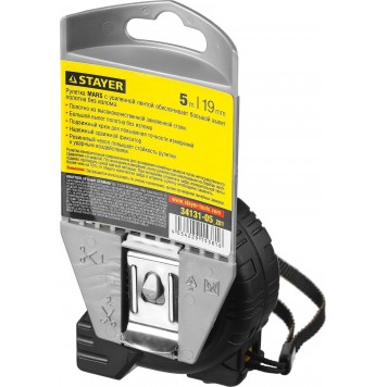 34131-05_z01 | 5м / 19мм профессиональная рулетка в ударостойком обрезиненном корпусе с двумя фиксаторами, STAYER MARS-5