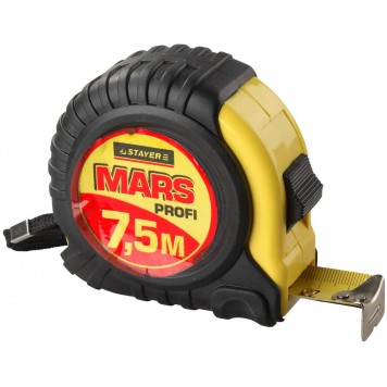 34131-075 | 7,5м / 25мм профессиональная рулетка в ударостойком обрезиненном корпусе с двумя фиксаторами, STAYER MARS-0