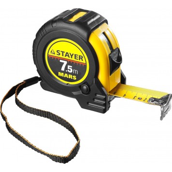 34131-075_z01 | 7,5м / 25мм профессиональная рулетка в ударостойком обрезиненном корпусе с двумя фиксаторами, STAYER MARS-0