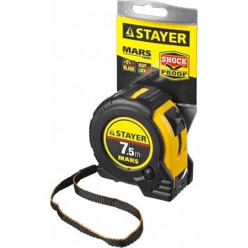 34131-075_z01 | 7,5м / 25мм профессиональная рулетка в ударостойком обрезиненном корпусе с двумя фиксаторами, STAYER MARS-1