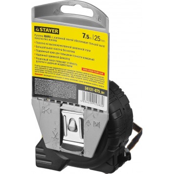 34131-075_z01 | 7,5м / 25мм профессиональная рулетка в ударостойком обрезиненном корпусе с двумя фиксаторами, STAYER MARS-5