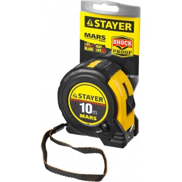 34131-10_z01 | 10м / 25мм профессиональная рулетка в ударостойком обрезиненном корпусе с двумя фиксаторами, STAYER MARS-1