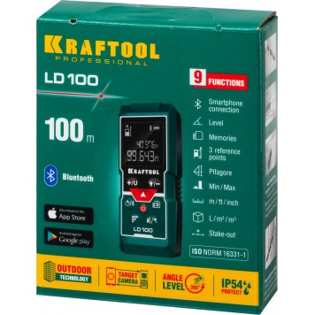 34765 | Дальномер лазерный, дальность 5см - 100м, точность 1,5 мм, KRAFTOOL LD-100-0