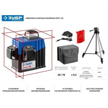 34908 | Нивелир лазерный 3х360°, 20м/70м, точн. +/-0,3 мм/м, КРЕСТ 3D, ЗУБР ПРОФЕССИОНАЛ-1