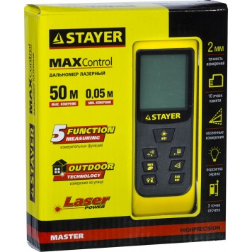 34957 | Дальномер MAX-Control лазерный, 2 точки отсчета, дальность 50м, точность 2мм, STAYER MASTER-1