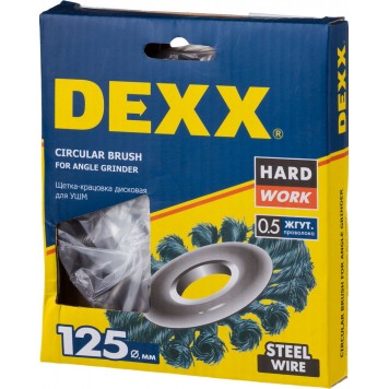 35100-125 | Щетка дисковая для УШМ, жгутированная стальная проволока 0,5мм, 125ммх22мм, DEXX-1