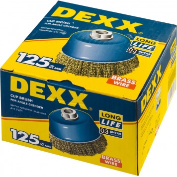 35103-125 | Щетка чашечная для УШМ, витая стальная латунированная проволока 0,3мм, 125ммхМ14, DEXX-1