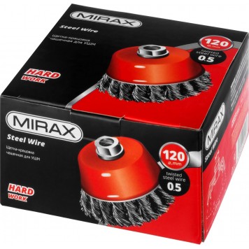 35104-120 | Щетка-крацовка чашечная для УШМ, жгутированная стальная проволока 0,5 мм, d=120 мм, MIRAX-1