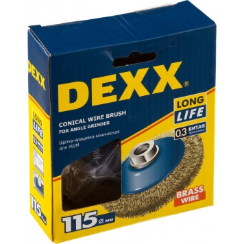 35105-115 | Щетка коническая для УШМ, витая стальная латунированная проволока 0,3мм, 115ммхМ14, DEXX-1