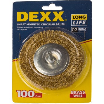 35110-100 | Щетка дисковая для дрели, витая стальная латунированная проволока 0,3мм, 100мм, DEXX-1