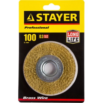 35122-100 | Щетка дисковая для УШМ, витая стальная латунированная проволока 0,3мм, 100ммх22мм, STAYER PROFESSIONAL-1