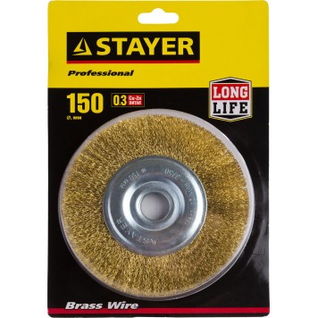 35122-150 | Щетка дисковая для УШМ, витая стальная латунированная проволока 0,3мм, 150ммх22мм, STAYER PROFESSIONAL-1