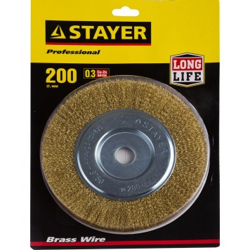 35122-200 | Щетка дисковая для УШМ, витая стальная латунированная проволока 0,3мм, 200ммх22мм, STAYER PROFESSIONAL-1