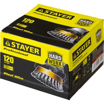 35128-120 | Щетка чашечная для УШМ, жгутированная стальная проволока 0,5мм, 120ммхМ14, STAYER PROFESSIONAL-1
