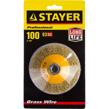 35133-100 | Щетка коническая для УШМ, витая стальная латунированная проволока 0,3мм, 100ммхМ14, STAYER PROFESSIONAL-1