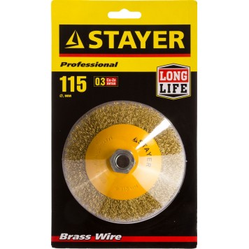 35133-115 | Щетка коническая для УШМ, витая стальная латунированная проволока 0,3мм, 115ммхМ14, STAYER PROFESSIONAL-1