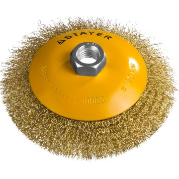 35133-125 | Щетка коническая для УШМ, витая стальная латунированная проволока 0,3мм, 125ммхМ14, STAYER PROFESSIONAL-0