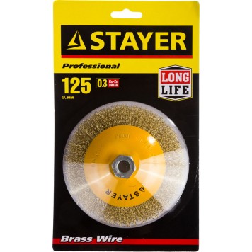 35133-125 | Щетка коническая для УШМ, витая стальная латунированная проволока 0,3мм, 125ммхМ14, STAYER PROFESSIONAL-1