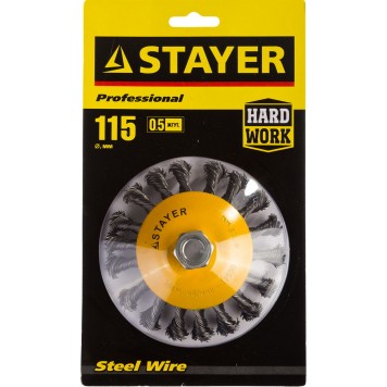 35135-115 | Щетка коническая для УШМ, жгутированная стальная проволока 0,5мм, 115ммхМ14, STAYER PROFESSIONAL-1