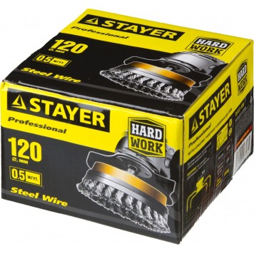 35137-120 | Щетка чашечная усиленная для УШМ, жгутированная стальная проволока 0,5мм, 120ммхМ14, STAYER PROFESSIONAL-1
