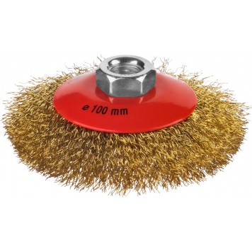 35143-100 | Щетка коническая для УШМ, витая стальная латунированная проволока 0,3 мм, d=100 мм, MIRAX-0
