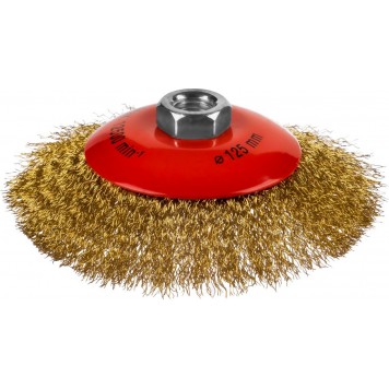 35143-125 | Щетка коническая для УШМ, витая стальная латунированная проволока 0,3 мм, d=125 мм, MIRAX-0