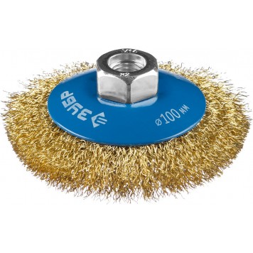 35267-100_z02 | Щетка коническая для УШМ, витая латунированная стальная проволока 0,3мм, 100ммхМ14, ЗУБР ПРОФЕССИОНАЛ-0
