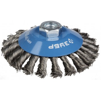 35269-115_z01 | Щетка коническая для УШМ, плетеные пучки стальной проволоки 0,5мм, 115ммхМ14, ЗУБР ЭКСПЕРТ-0