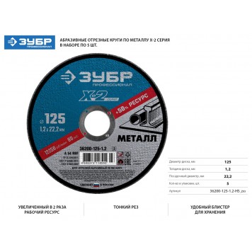36200-125-1.2-H5_z03 | Набор 5 шт: Круги отрезные по металлу 125х1,2х22мм, ЗУБР X-2-1