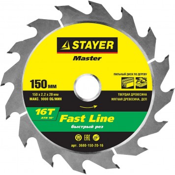 3680-150-20-16 | 150 x 20 мм 16T, диск пильный по дереву, STAYER FAST LINE-0