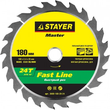 3680-180-20-24 | 180 x 20 мм 24Т, диск пильный по дереву, STAYER FAST LINE-0