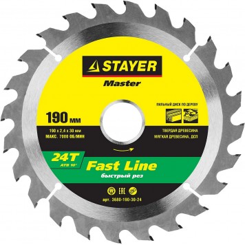 3680-190-30-24 | 190 x 30 мм 24Т, диск пильный по дереву, STAYER FAST LINE-0