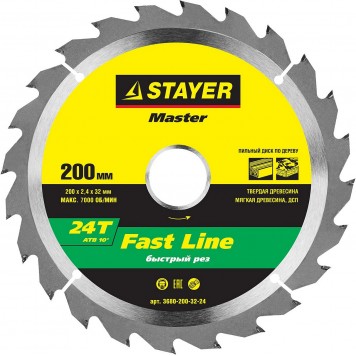 3680-200-32-24 | 200 x 32 мм 24Т, диск пильный по дереву, STAYER FAST LINE-0
