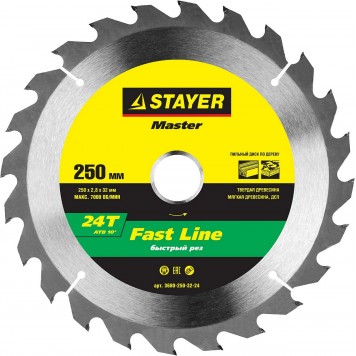 3680-250-32-24 | 250 x 32 мм 24Т, диск пильный по дереву, STAYER FAST LINE-0