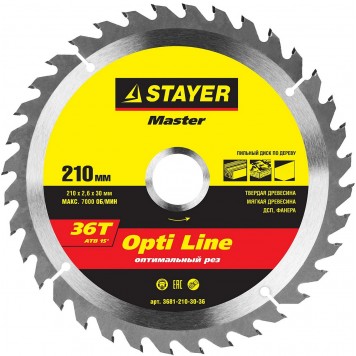 3681-210-30-36 | 210 x 30 мм 36Т, диск пильный по дереву, STAYER OPTI LINE-0