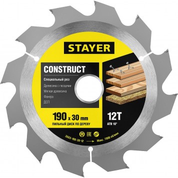 3683-190-30-12 | 190 x 30 мм 12Т, диск пильный по дереву с гвоздями, STAYER CONSTRUCT-0